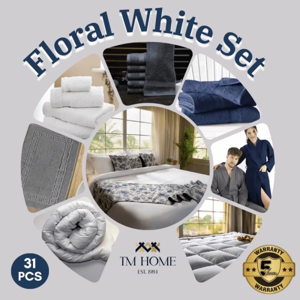 TM home - Floral White Set – Luxurious 31 Piece Set & Complete Bedroom Essentials