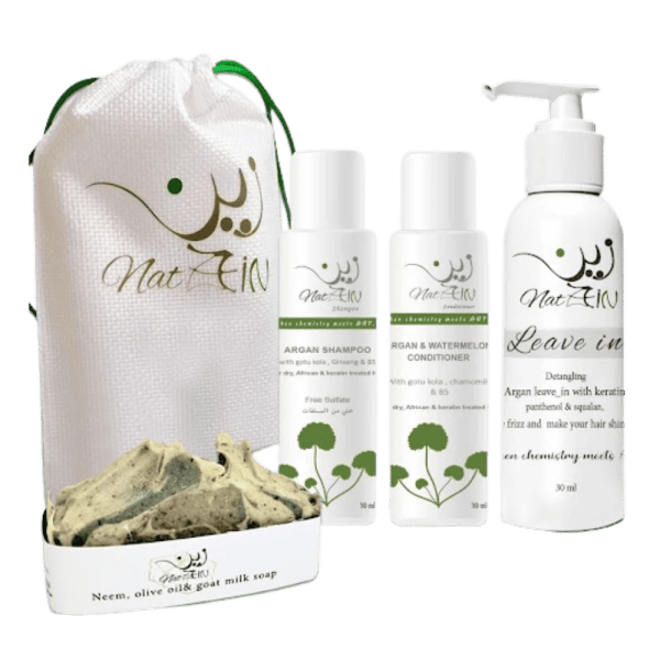 Zein - hair care set 4 pcs (shampoo 30 ml, conditioner 30 ml, leave in 30 ml, olive oil natural soap 30 gm)