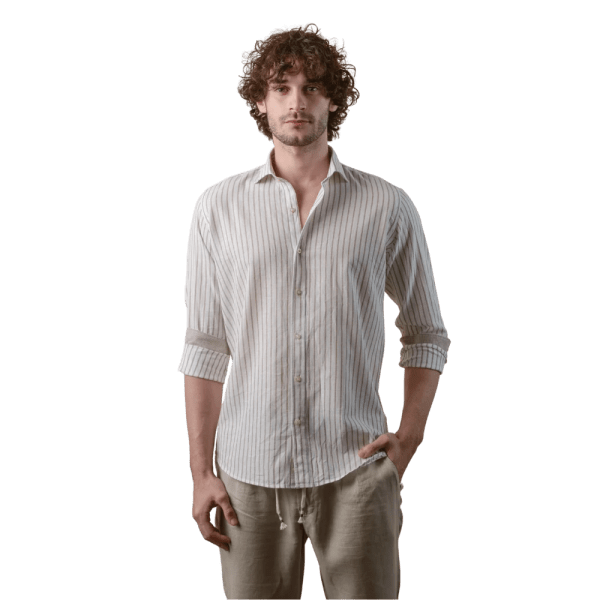 Roban striped washed cotton linen regular fit shirt - Café - Multi size