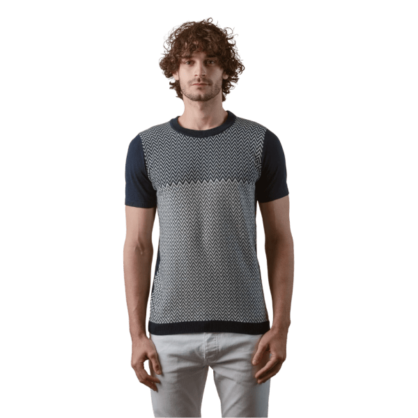 Roban cotton zegzag style knitted crewneck t-shirt - Navy Blue - Multi size