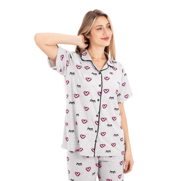 Zecotex Women's Printed Classic Cotton Pajama Set – Beige with Hearts & Lashes – Multi Sizes