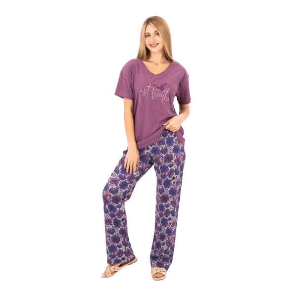 Zecotex Women’s Printed Pajama Set – Purple T-Shirt & Floral Pants – Multi Sizes