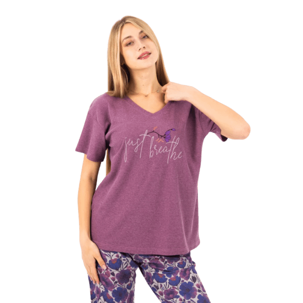 Zecotex Women’s Printed Pajama Set – Purple T-Shirt & Floral Pants – Multi Sizes