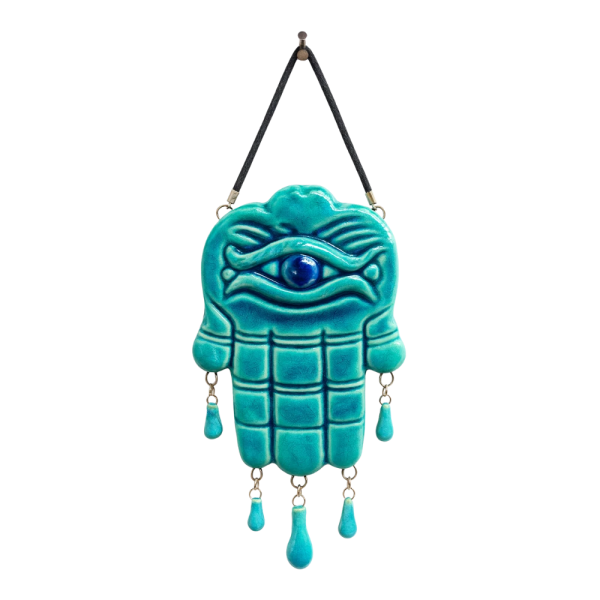Soudy Ceramic Art Hanging – Hand of Fatima (Hamsa) with Evil Eye – 20×10 cm – SF6
