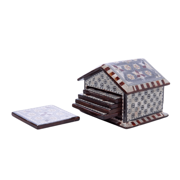 Handcrafted Mother-of-Pearl Inlaid Wooden Coaster Set – House Design
