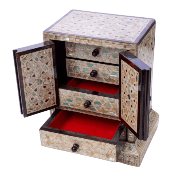 Handcrafted Mother-of-Pearl Inlaid Wooden Jewelry Cabinet with Drawers