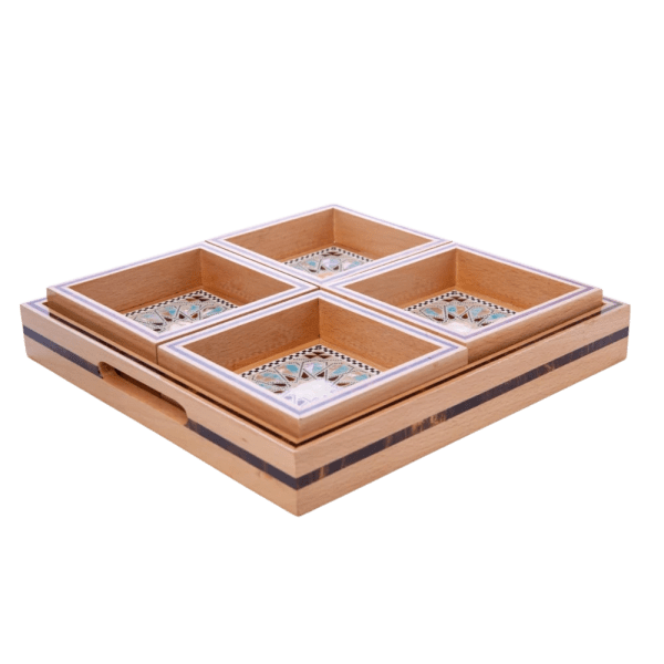 Handcrafted Wooden Serving Tray with Inlaid Mosaic Bowls