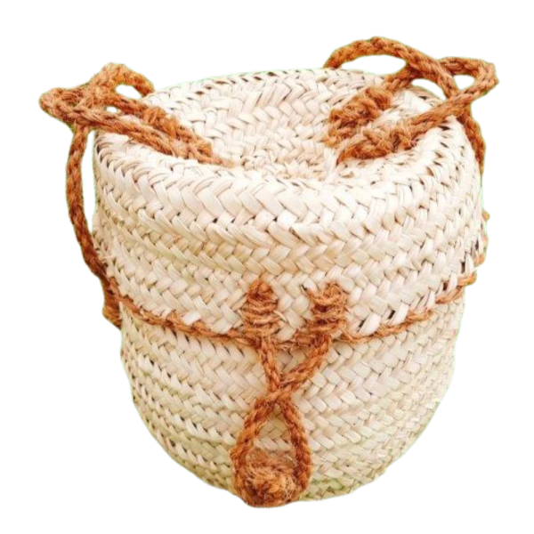 Handwoven Palm Fiber Basket with Lid and Rope Detail