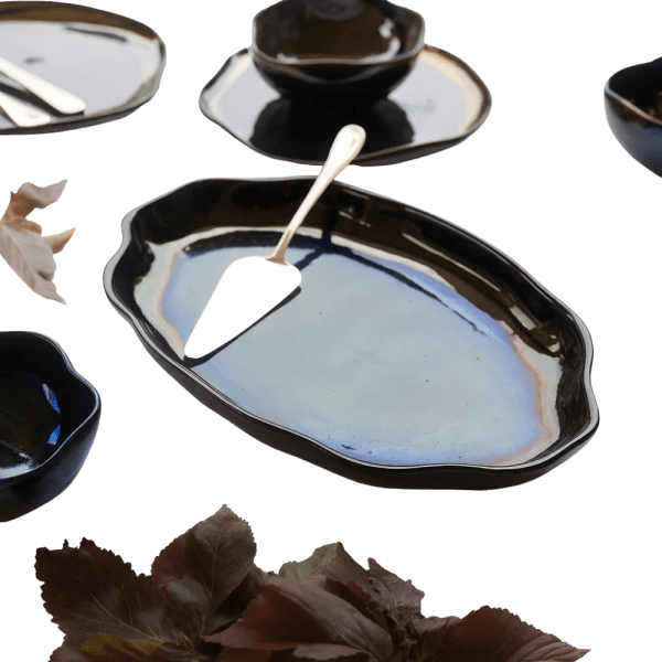 Handcrafted Ceramic Serving Set – Iridescent Black Finish