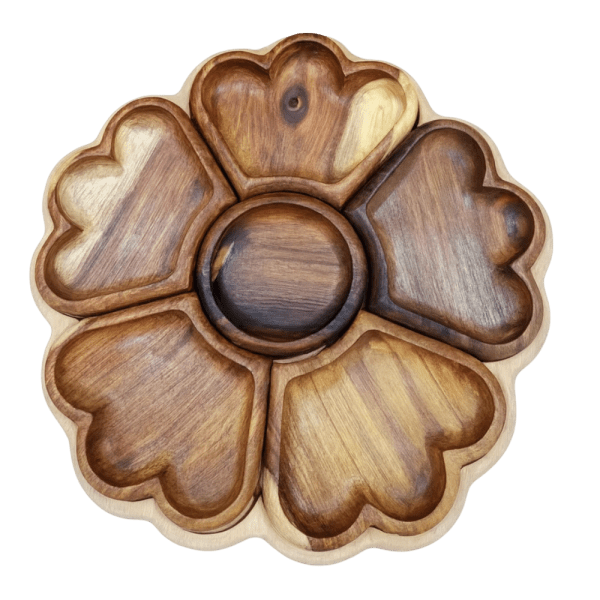 Hegaza Handcrafted Wooden Flower-Shaped Serving Tray – 6 Compartments