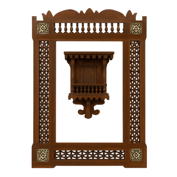 Handcrafted Wooden Wall Frame with Mashrabiya and Inlay Details