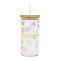 Mesista Gift Store – Customizable Floral Glass Mug with Wooden Lid and Straw