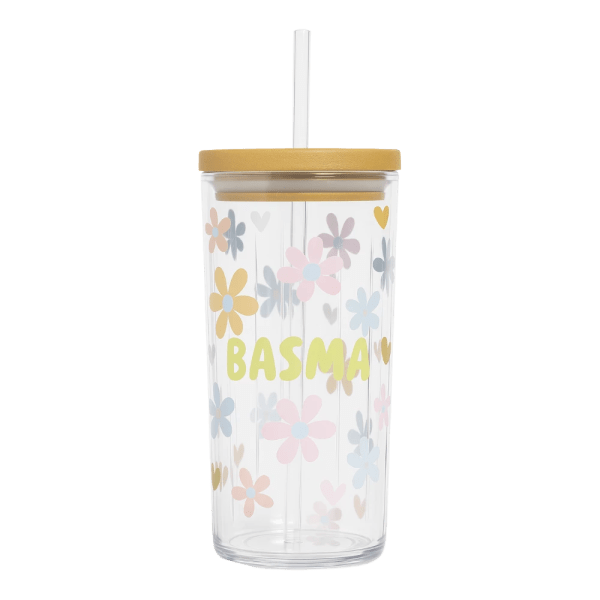 Mesista Gift Store – Customizable Floral Glass Mug with Wooden Lid and Straw